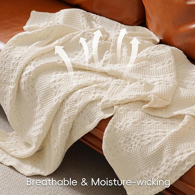 PHF 100% Cotton Waffle Weave Throw Blanket, Soft Lightweight Breathable Cozy Summer Throws for Couch Bed Sofa, Luxury Aesthetic Woven Blanket for Home Decor & Office, 50"x60", Undyed