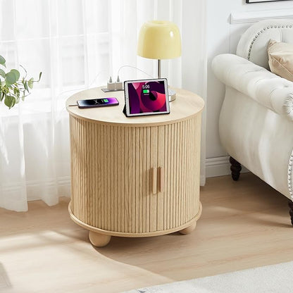 Farmhouse Round End Table with Charging Station, 24" Large Fluted Sofa Side Table with Sliding Tambour Door & Storage, Mid-Century Wood Nightstand for Living Room, Bedroom (Natural)