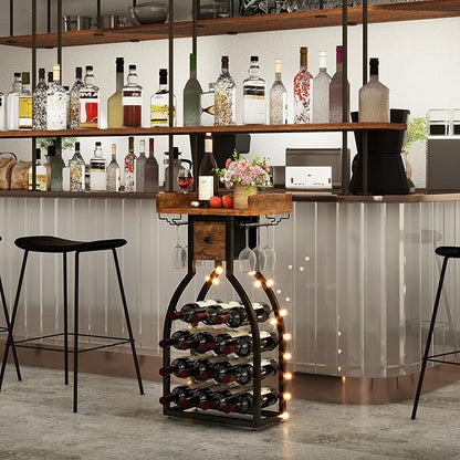 IBUYKE Wine Rack Freestanding Floor,Wine Storage 15 Bottles Bottle Rack with Glass Holders, Mini Bar Wine Cabinet with Storage Drawer for Home Bar Kitchen Dining Room,Rustic Brown,UTMJ908H