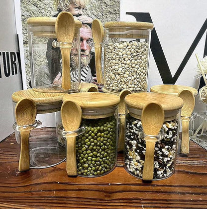 7.6 oz Airtight Mini Glass Jars with Bamboo Lids and Bamboo Spoons, Spice Jars Small Food Storage Containers for Kitchen, Bathroom, Home Decor Set of 8