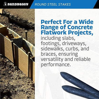 Sandbaggy Round Steel Concrete Form Stakes with Nail Holes - Rust Resistant Coating - Removable, Reusable (10, 3/4 in X 12 in)