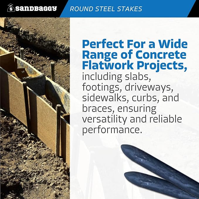 Sandbaggy Round Steel Concrete Form Stakes with Nail Holes - Rust Resistant Coating - Removable, Reusable (20, 3/4 in X 12 in)