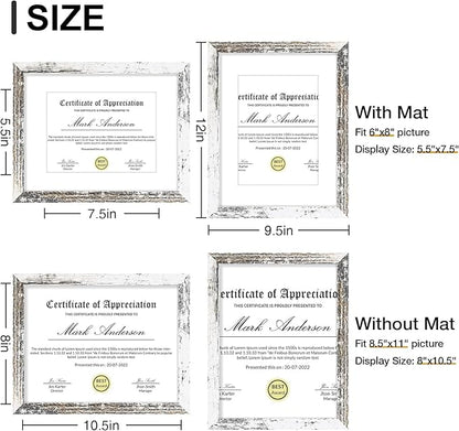 Vittanly 8.5x11 Picture Frames Set of 9, Shatter Resistant Plexiglass, Display 6x8 Pictures with Mat or 8.5x11 without Mat, Photo Frames for Wall or Tabletop, Engineered Wood, Distressed White