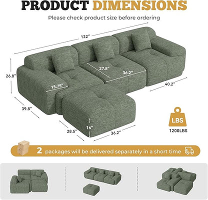 122" Modern L Shaped Modular Sectional Sofa, Boneless Couches for Living Room with Ottoman,4 Seater Convertible Chenille Cloud Couch Sofa Set, No Assembly Required, Green 1 PCS