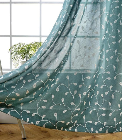 MIUCO Floral Embroidery Semi Sheers Curtain Faux Linen Grommet Window Curtains for Bedroom 52 x 95 Inch 2 Panels, Teal