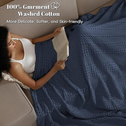 PHF 100% Cotton Waffle Weave Blanket Twin Size, Soft Lightweight Breathable Cozy Summer Blankets for Bed, Luxury Aesthetic Woven Bedding for Home Decor, 66"x90", Dark Navy