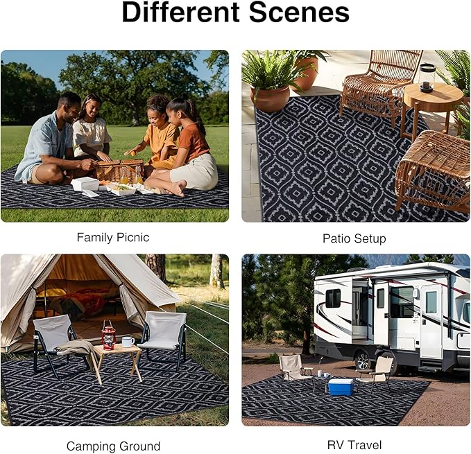 OLANLY Outdoor Rug 8x10 ft Waterproof, Outdoor Plastic Straw Rug with Geometric Pattern Clearance, Reversible RV Mat for Patio, Camping, Balcony, Deck, Backyard, Black & Grey