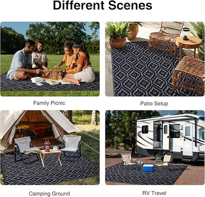 OLANLY Outdoor Rug 8x10 ft Waterproof, Outdoor Plastic Straw Rug with Geometric Pattern Clearance, Reversible RV Mat for Patio, Camping, Balcony, Deck, Backyard, Black & Grey
