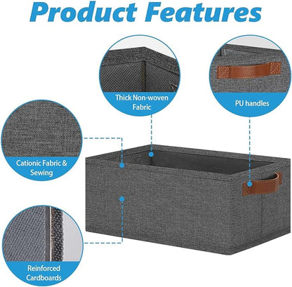 GhvyenntteS Small Fabric Storage Bins 6 Pack, 11.8" x 7.87" x 5.11" Storage Basket with Leather Handles, Closet Storage Bins for Shelves, Storage Baskets for Shelves, DVD Storage (Grey)