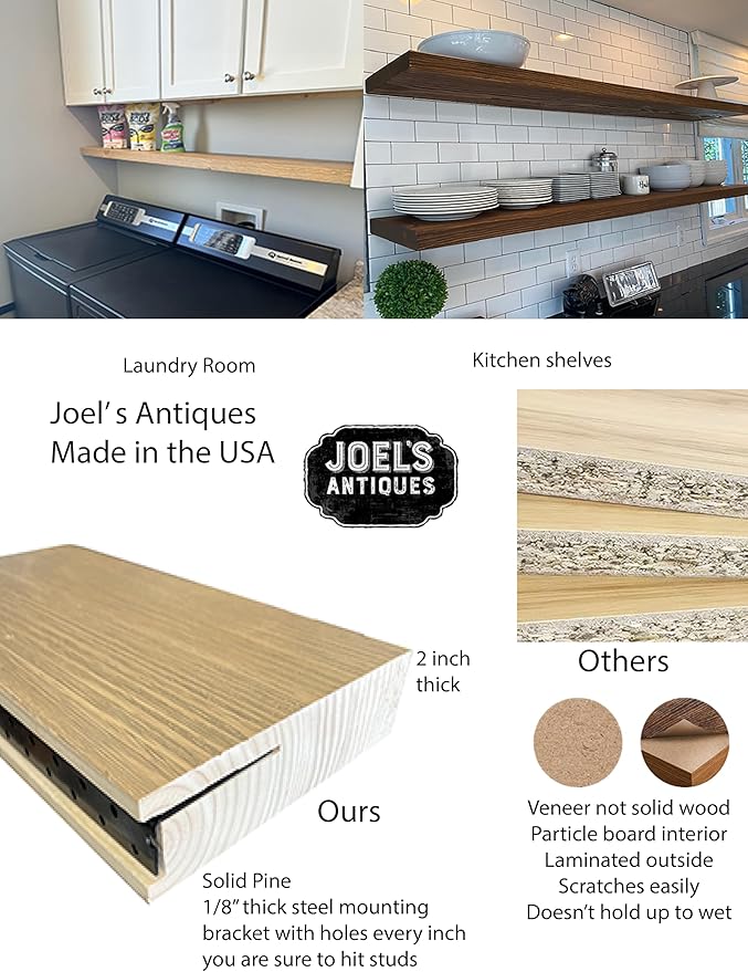 joelsantiques 60 Inch Wooden Floating Shelves for Wall - 60x8x2 in - Made of Natural Wood - Long Wall Shelves for Bedroom - Perfect for Living Room, Kitchen - Made in USA - Black