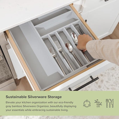 Premium Silverware, Flatware and Utensil Organizer for Kitchen Drawers, Food-Safe Contract Grade, Expandable from 10.5 to 19 In, Gray Bamboo