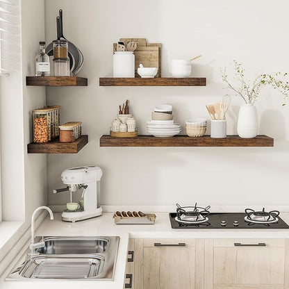 12" Deep Floating Shelves for Wall 24 Inches Long, Heavy Duty Wall Shelves for Bedroom Bathroom Kitchen Laundry Room, Farmhouse Rustic Shelves for Home Decor, 24" X 12" X 2" Set Of 2, Rustic Brown