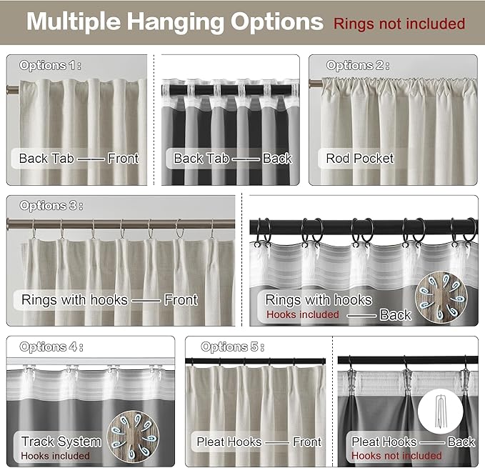RAIN CITY 94 Inch Long Black Out Curtains 2 Panels Custom Drapery Neutral Blackout Pleated Ceiling Track Curtain for Dining Room Linen Textured Back Tab with Hooks 50"x94"