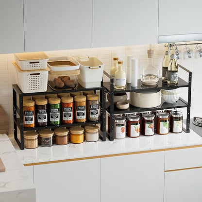 Expandable,Stackable Spice Rack,Seasoning Organizer and Storage,Spices Jar Racks for Cabinet,Countertop, Metal Pantry, Cupboard,Laundry Storages,Heavy Duty(2 Packs/Large/Black)
