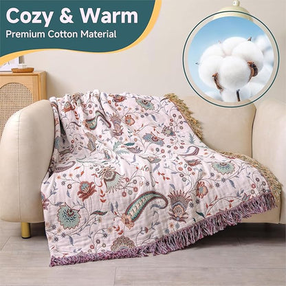 Boho Throw Blanket for Bed,100% Ultra Cotton Soft Breathable Bed Throw Floral Printed Farmhouse Decor Rustic Bed Throws for Couch Sofa Quilt White Flowers 60" x 80"