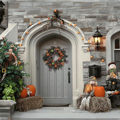 22 Inch Halloween Wreath for Front Door, Spooky Black & Purple Glitter Rose Wreath with Bats & Ornaments, Outdoor Halloween Decorations