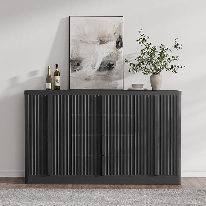 Buffet Cabinet with Storage, 60" Fluted Coffee Bar with 4 Drawers & 2 Doors, Modern Sideboard Buffet with Solid Wood Handle, Credenza Storage Cabinet for Living Room Kitchen Dining Room, Black(1PCS)
