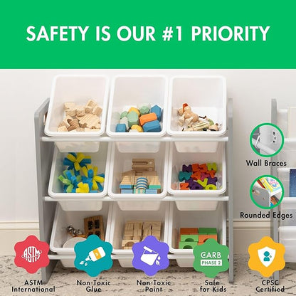 Humble Crew 9-Bin Toy Organizer – Inspire Grey with White Plastic Bins, 3-Tier Storage Solution for Kids' Playrooms and Nurseries