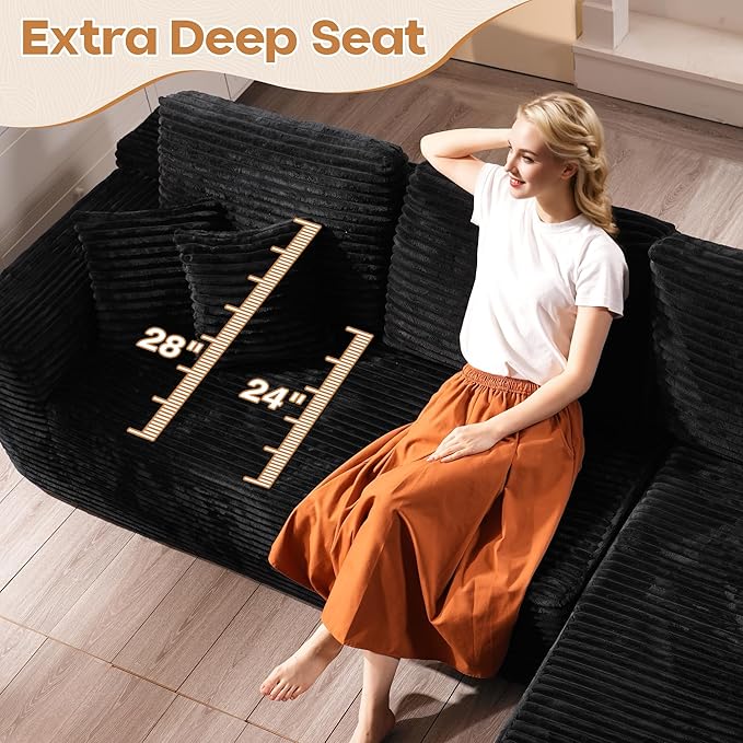 Cloud Sectional Couches for Living Room,U Shaped Modular Sofas No Assembly,135x100 Inches Plush Corduroy Oversized Floor Couch Set with Deep Seat Chaise,Black