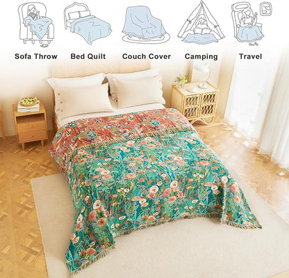 MSGKV Boho Throw Blanket for Couch Bed Chair 100% Cotton Muslin Breathable Floral Blanket 50"x60" Sofa Blankets for All Seasons Lightweight Farmhouse Blankets Boho Home Decor