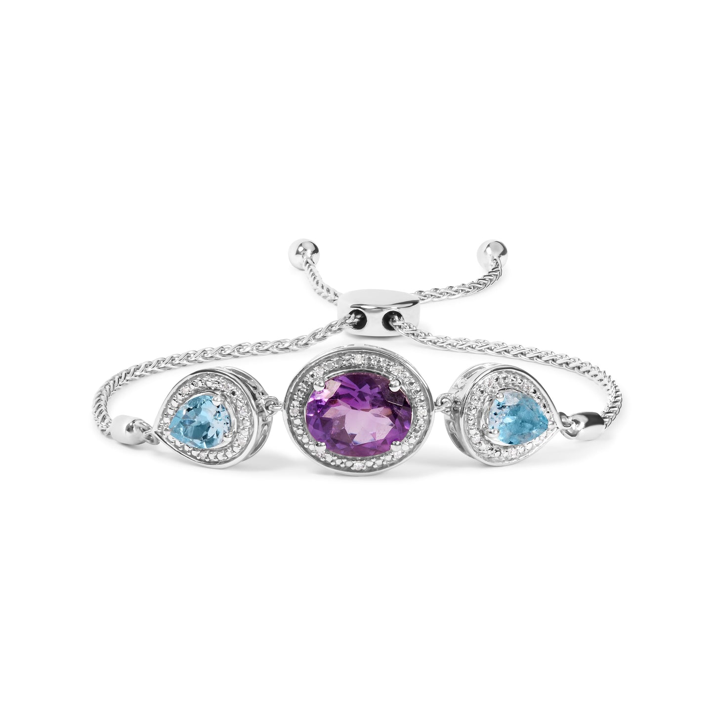 .925 Sterling Silver Oval Amethyst and Pear Blue Topaz with Diamond Accent Lariat 4â€-10â€ Adjustable Bolo Bracelet (H-I Color, SI1-SI2 Clarity)