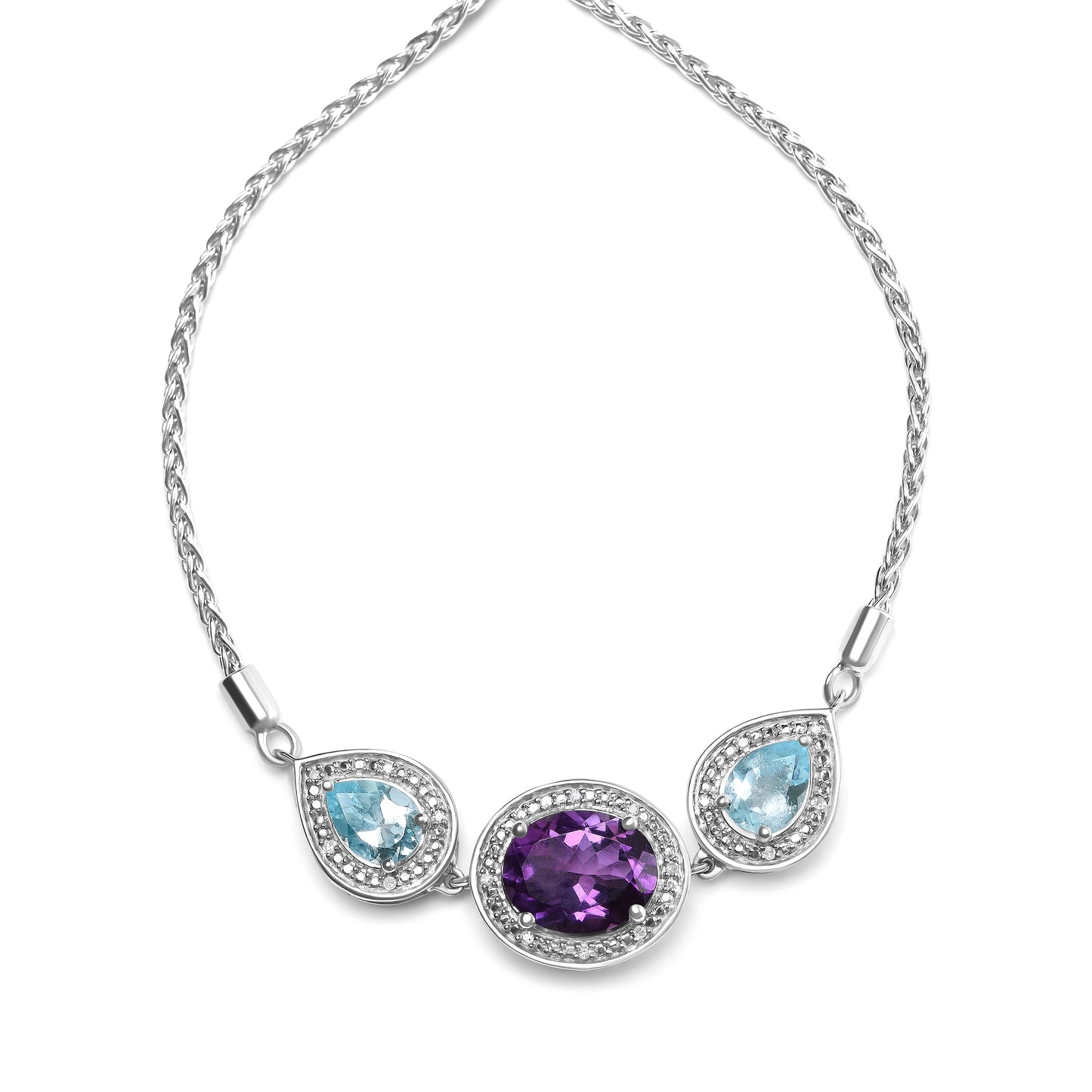 .925 Sterling Silver Oval Amethyst and Pear Blue Topaz with Diamond Accent Lariat 4â€-10â€ Adjustable Bolo Bracelet (H-I Color, SI1-SI2 Clarity)