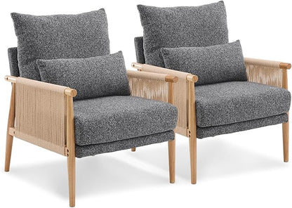 VINGLI Boho Braid Accent Armchairs Set of 2,Mid-Century Modern Chiars with Solid Wooden Armrest,Comfy Louge Cushion Chairs with Waist Pillow for Bedroom,Living Room,Reading Room, Gray