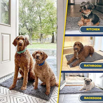 Muddy Mat® 4-Piece Grey Medium 30"X19" AS-SEEN-ON-TV Highly Absorbent Microfiber Door Mat, Bath Mat and Pet Rug, Non Slip Thick Washable, Soft Chenille for Kitchen Bathroom Bedroom Indoor and Outdoor