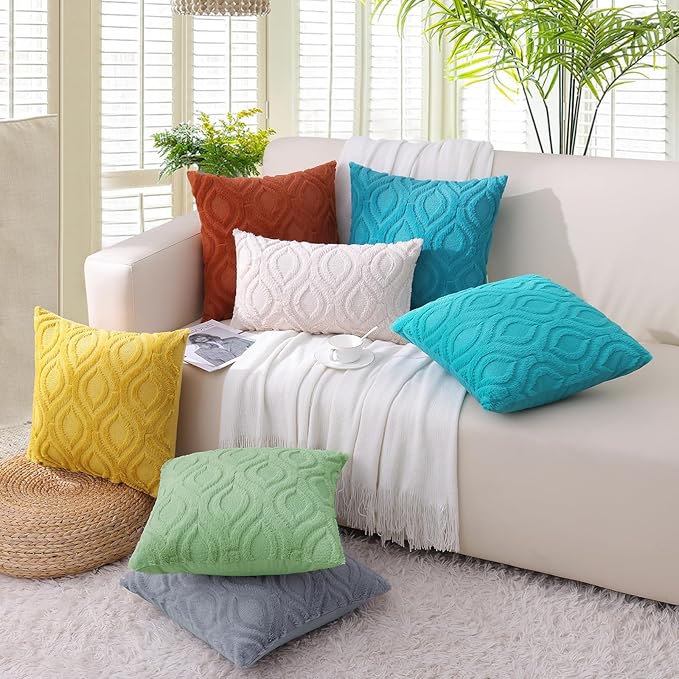 decorUhome Fall Throw Pillow Covers 12x20 Inch Set of 2, Soft Plush Decorative Faux Fur Blue Grey Solid Couch Pillow Covers, Accent Farmhouse Neutral Lumbar Euro Pillow Cases for Sofa Bed Living Room