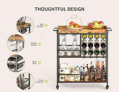 Gizoon Bar Cart, 3 Tier Coffee Cart with Lockable Wheels, 12-Bottle Wine Rack, and Hanging Glass Holder, Kitchen Rack with Removable Tray, for Kitchen, Dining Room, Entertaining, Club Party,Retro