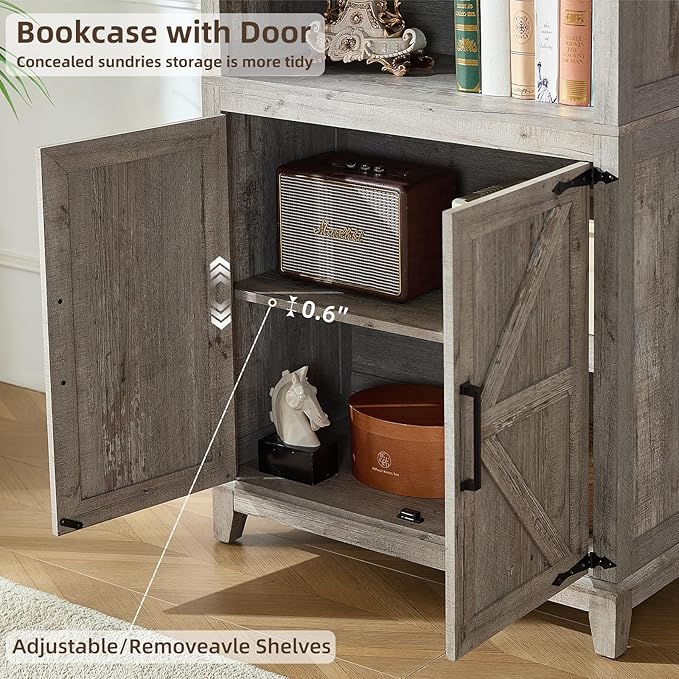 5 Tier Bookshelf 70in Tall Bookcase with Barn Doors and Storage Cabinet, Grey Farmhouse Book Shelf with Adjustable Shelves, Wood Freestanding Display Bookshelves for Bedroom, Kitchen (3PCS)