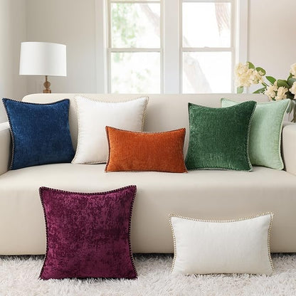 decorUhome Chenille Soft Throw Pillow Covers 26x26 Set of 2, Farmhouse Velvet Neutral Decorative Euro Pillow Covers with Stitched Edge for Couch Sofa Bed Home Decor, White