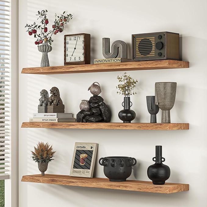 Floating Shelves for Wall, 72" Live Edge Solid Elm Wood Floating Shelf, Wall-Mounted Display Shelves with Invisible Heavy-Duty Metal Bracket, Floating Shelf for Living Room Kitchen, Natural