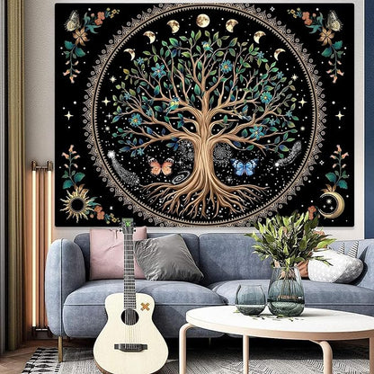 Lunerfex Tree of Life Tapastry Sun and Moon Tapastry Flower Boho Tree Mandala Wall Hanging for Bedroom and Living Room Decor Green Tree 70×90 Inches
