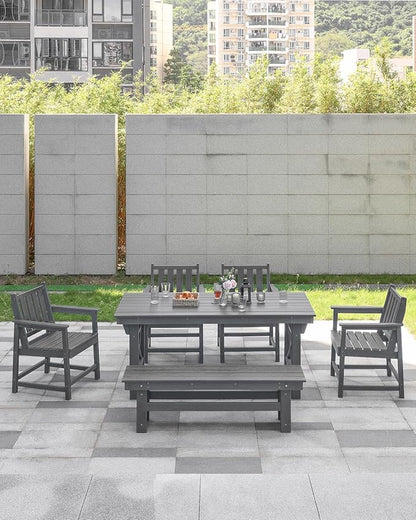 HDPE Outdoor Dining Set of 6, Patio Dining Table Set with 4 Chairs and 1 Bench, 6 Pieces HDPE Dining Set with Umbrella Hole, Outdoor Furniture Sets for Deck, Poolside, Garden, Smoke Gray