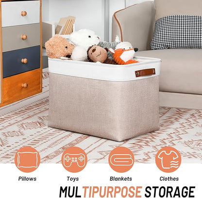 DULLEMELO Fabric Storage Bins, Lining Fabric Baskets For Gifts, Large Storage Baskets for Toys Books Clothes Storage, Foldable Storage Basket for Office Home Shelves Closets Organizing(White&Khaki)
