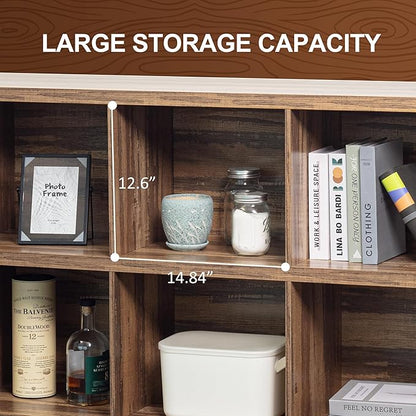 8 Cube Storage Organizer Bookshelf, Industrial Horizontal Bookcase, Accent Cubby Shelf, Media Console Table for Living Room, Home Office, 63 Inches, Light Oak