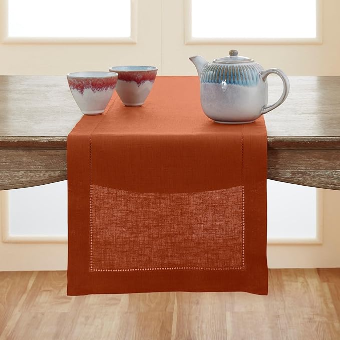 Solino Home Linen Cinnamon Hemstitch Table Runner 48 Inches - 100% Pure Linen Small Table Runner 14 x 48 Inch Ideal for Dresser and Coffee Tables - Classic Hemstitch - Fall, Halloween, Thanksgiving
