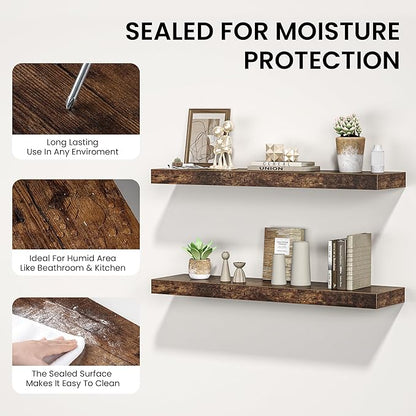 Floating Shelves for Wall, 48"W x 9.3"D x 1.5"H, Wooden Wall Mounted Display Shelf with Invisible Brackets for Living Room, Bedroom, Bathroom, Kitchen Decor and Storage, Set of 1, Rustic Brown