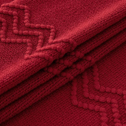 MIULEE Burgundy Red Knitted Throw Blanket for Couch Boho Textured Cozy Woven Blanket with Tassels for Sofa Chair Bed Living Room Acrylic Wave Pattern 60"x80"