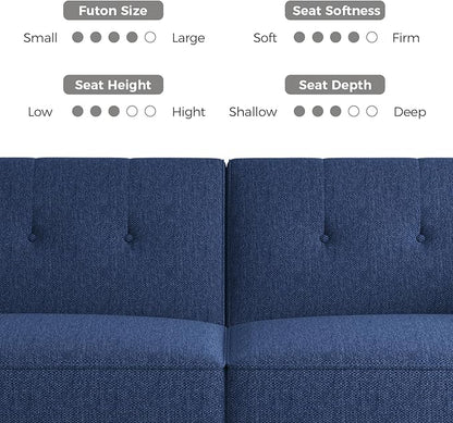 89” Futon Sofa Bed, Linen Comfy Futon Couch Bed with 2 Square Pillows, Convertible Sleeper Sofa with Adjustable Backrest& Armrests, Modern Loveseat Sleeper for Living Room, Bedroom, Blue