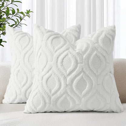 decorUhome Throw Pillow Covers 20x20 Inch Set of 2, Soft Plush Decorative Faux Fur Cream Beige Solid Couch Pillow Covers, Accent Farmhouse Neutral Square Euro Pillow Cases for Sofa Bed Living Room