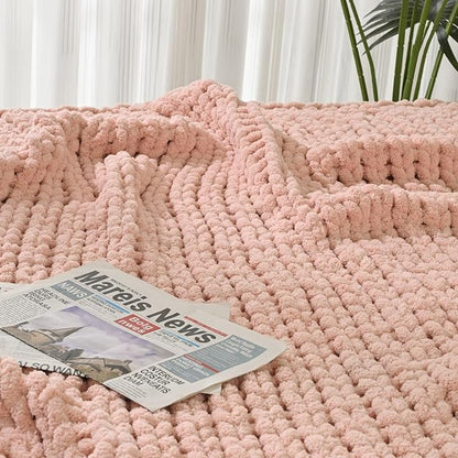 Esterra Chunky Knit Blanket Throw 60"x80", 100% Hand Knitted Chenille Throw Blanket, Cozy Soft Thick Cable Knit Throw Large Rope Knot Crochet Throw Blanket for Sofa Couch Bed, Dusty Pink