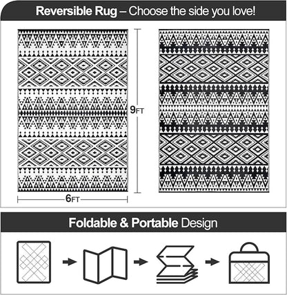 Waterproof Outdoor Rug 6x9ft, Bohemia Reversible Plastic Straw Mat for Patio RV Deck Porch Backyard Balcony Camping Picnic Beach Indoor Outdoor Carpet, Black&White