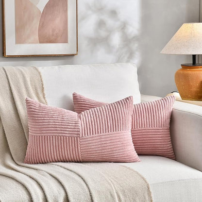 Fancy Homi 2 Packs Blush Pink Lumbar Decorative Throw Pillow Covers 16x32 Inch for Living Room Couch Bed, Rustic Farmhouse Boho Home Decor, Soft Striped Corduroy Rectangle Accent Cushion Case 40x80 cm