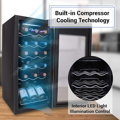 NutriChef PKCWC18 Slim Wine Fridge 18 Bottle Mini Beverage Chiller Adjustable Temp Control, 30x13x17 IN, Black