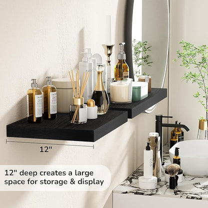 Fun Memories Floating Shelves - 2 Pack 12 Inch Deep Rustic Wooden Wall Shelves - Extra Deeper & Thicker Wall Mounted Storage Shelf for Kitchen, Farmhouse - 16" W x 12" D x 1.5" H - Rustic Black