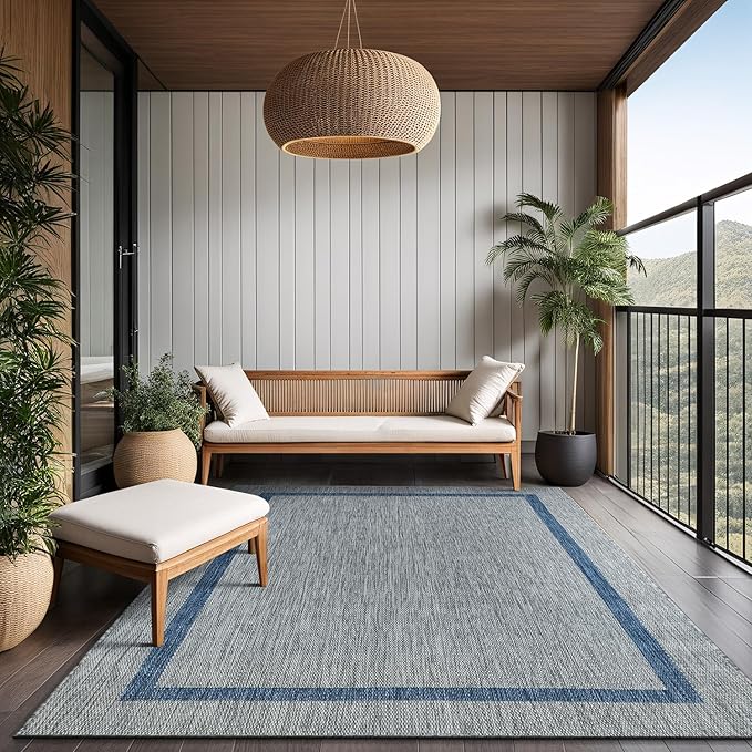 Bordered Outdoor Rug 10x14 Washable Outside Carpet for Indoor Patio Porch Waterproof Easy Cleaning Non Shedding Area Rugs Silver Gray - Blue 10 x 14