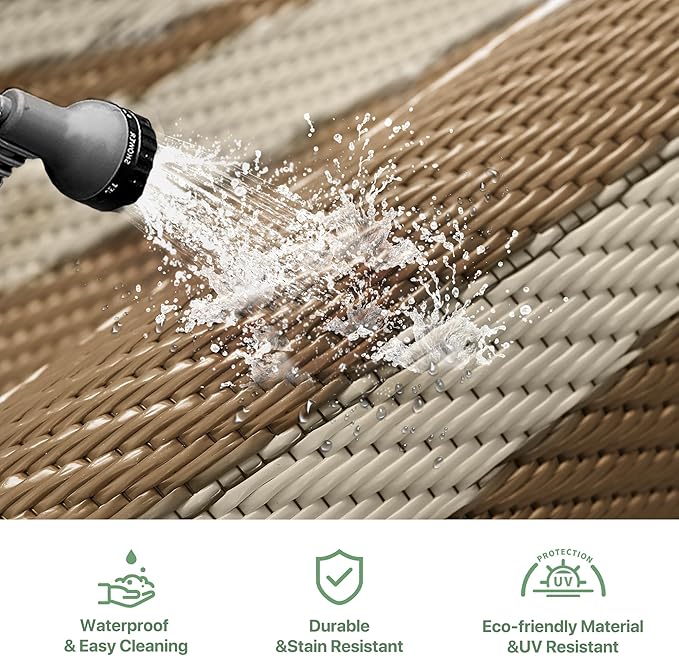 GENIMO Outdoor Rug Waterproof 6'x9' for Patio, Foldable Reversible Plastic Straw Carpet for Travel Trailers, Outside Area Mat for Rv, Deck, Picnic, Porch, Camper, Balcony, Beach, Brown & Beige