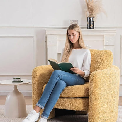 Chenille Accent Armchair Oversize Upholstered Barrel Comfy Modern Round Lounge Sofa Chair with Pillow Cozy Reading Chairs for Apartment,Office,Living Room,Dining,Makeup,Club,Yellow